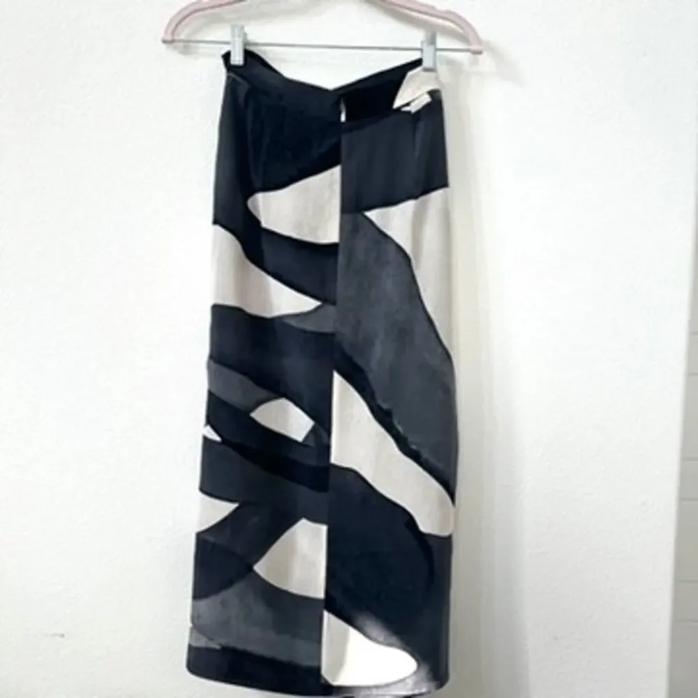 Max Mara Italy Black & White Abstract Print Tie-Waist Midi Skirt Size 8 Silk - Picture 7 of 8
